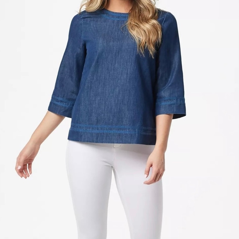 NWT Martha Stewart Dark Chambray Tunic | Embroidered Trim 3/4 Sleeve Top XL Blue